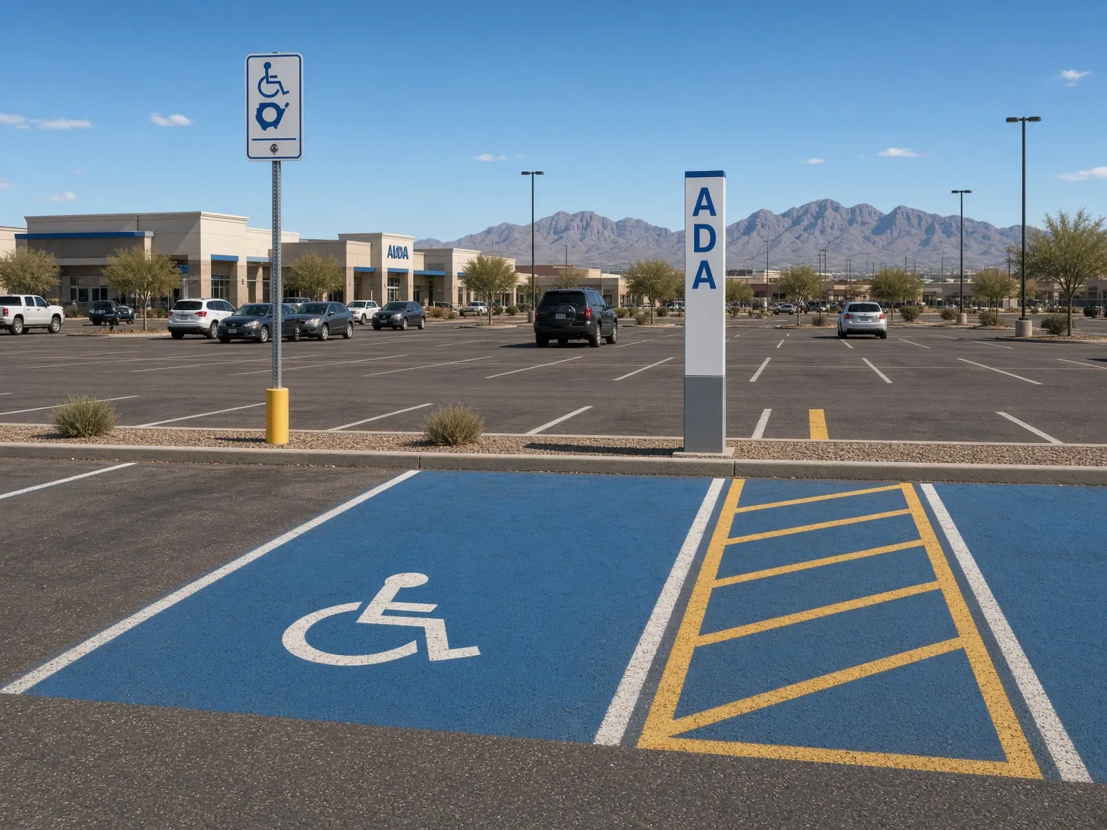 Blue ADA accessible parking stall with wheelchair symbol and a yellow-striped access aisle beside a posted ADA sign