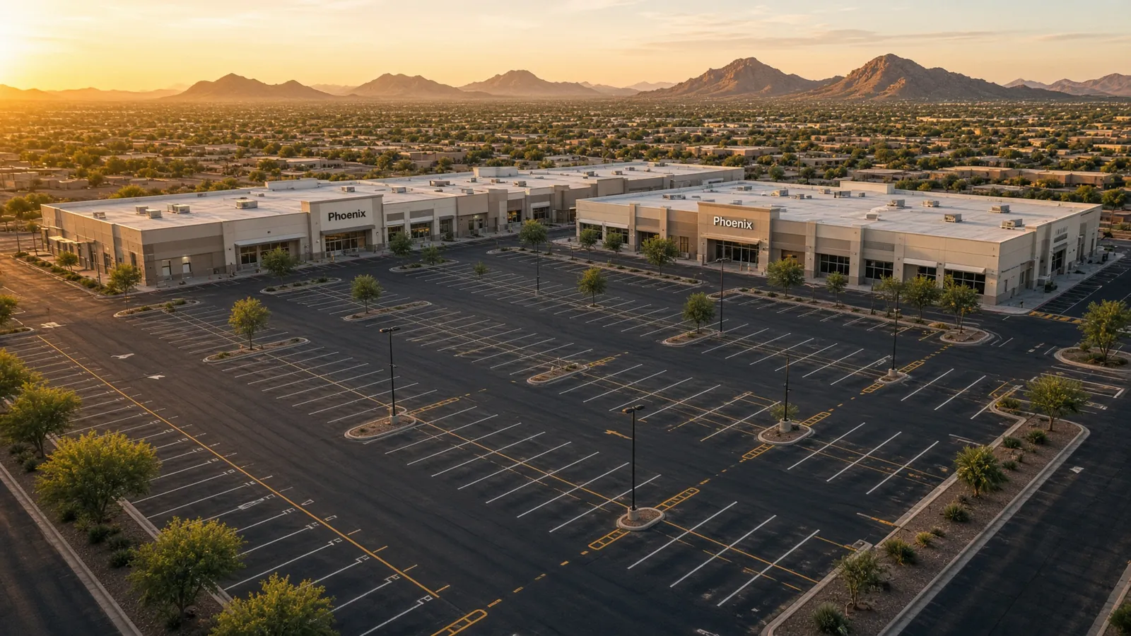 Aerial view of a freshly striped commercial parking lot at a Phoenix-area retail plaza at sunset