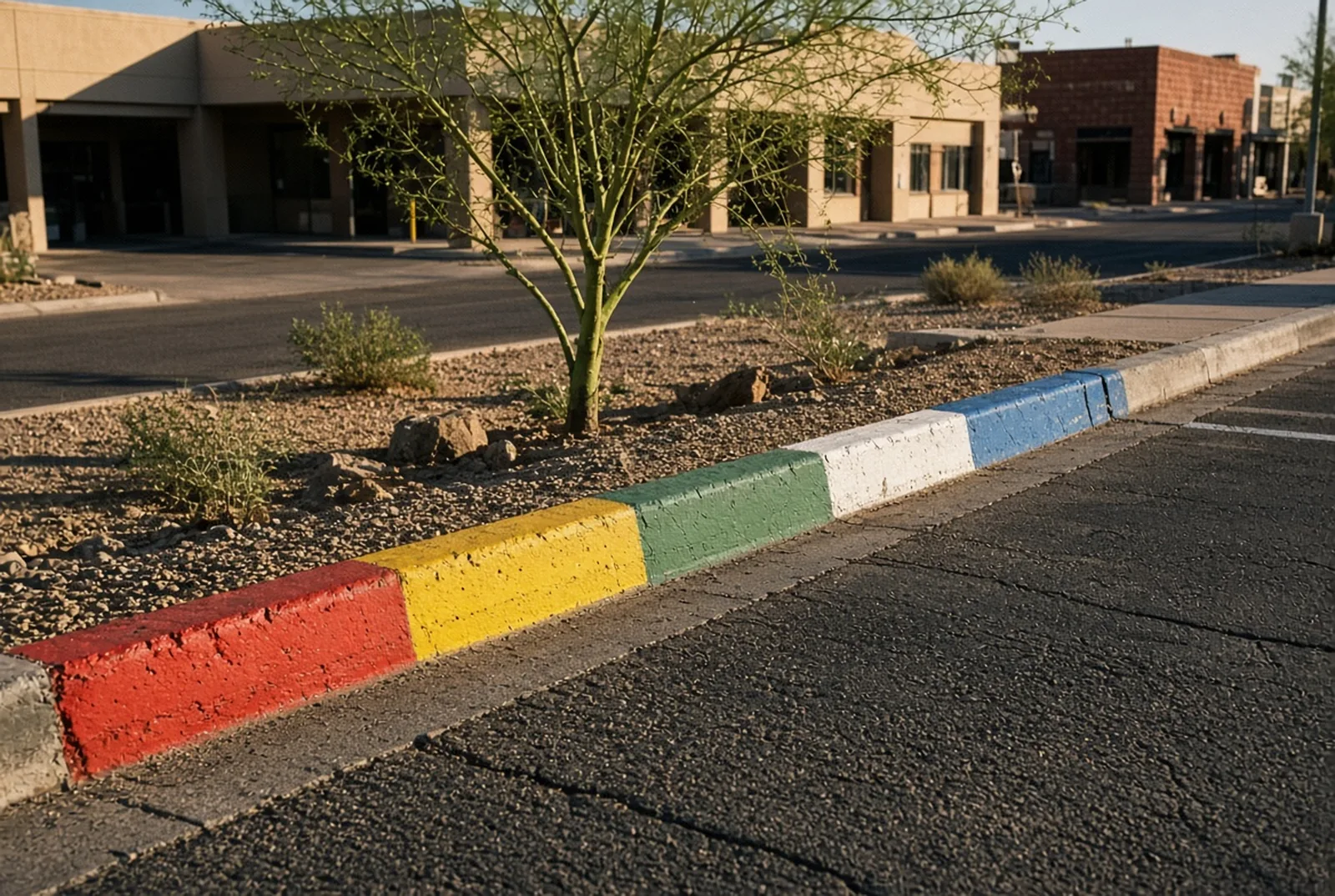 Concrete curb in a Phoenix strip-center lot painted in five segments — red, yellow, green, white and blue — beside desert gravel and a palo verde tree