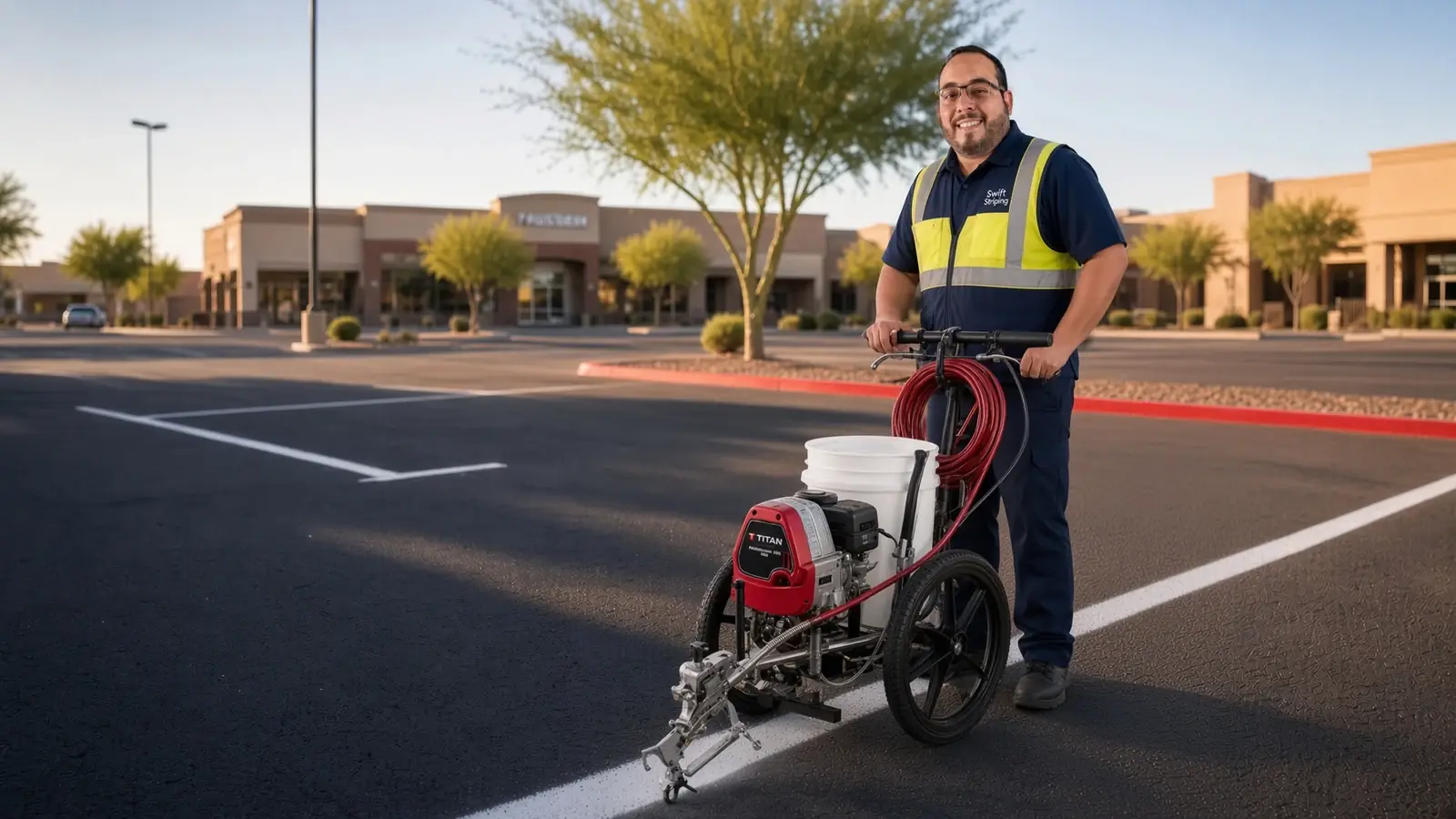 Jorge of Swift Striping with his line striping machine on a freshly striped commercial parking lot in the Phoenix metro