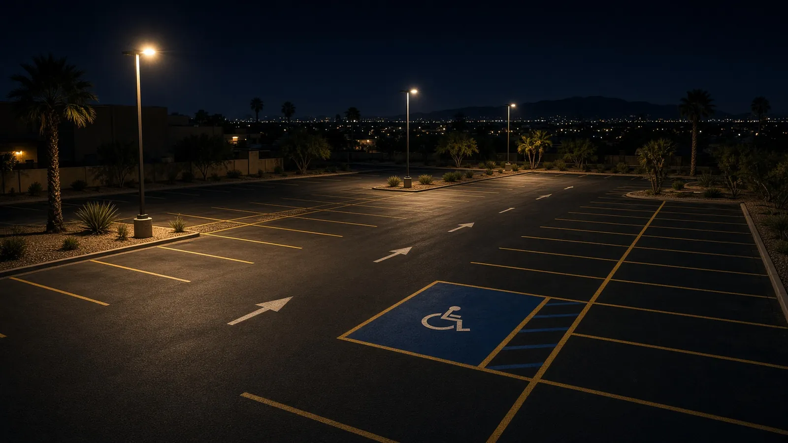 Phoenix commercial parking lot with freshly painted stall lines at night