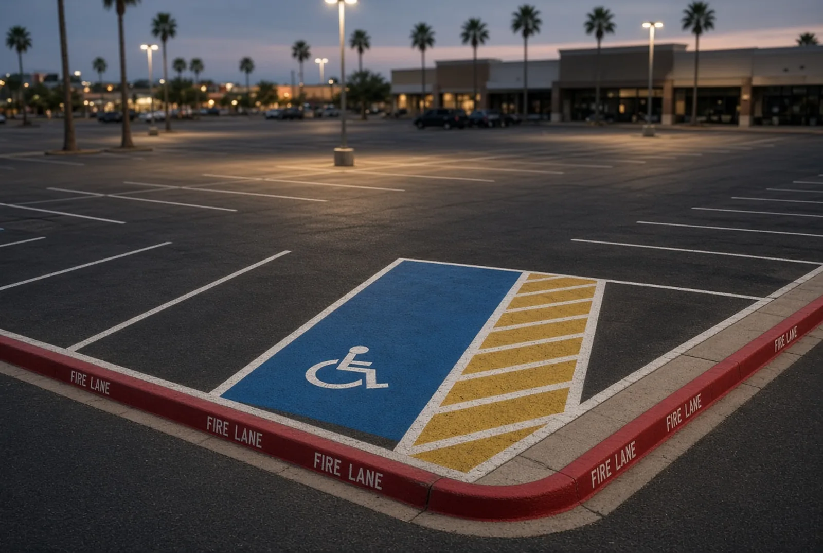 Dusk view of an Arizona commercial lot with white stall lines, a blue ADA stall and yellow-hatched access aisle, bounded by a red fire-lane curb lettered FIRE LANE