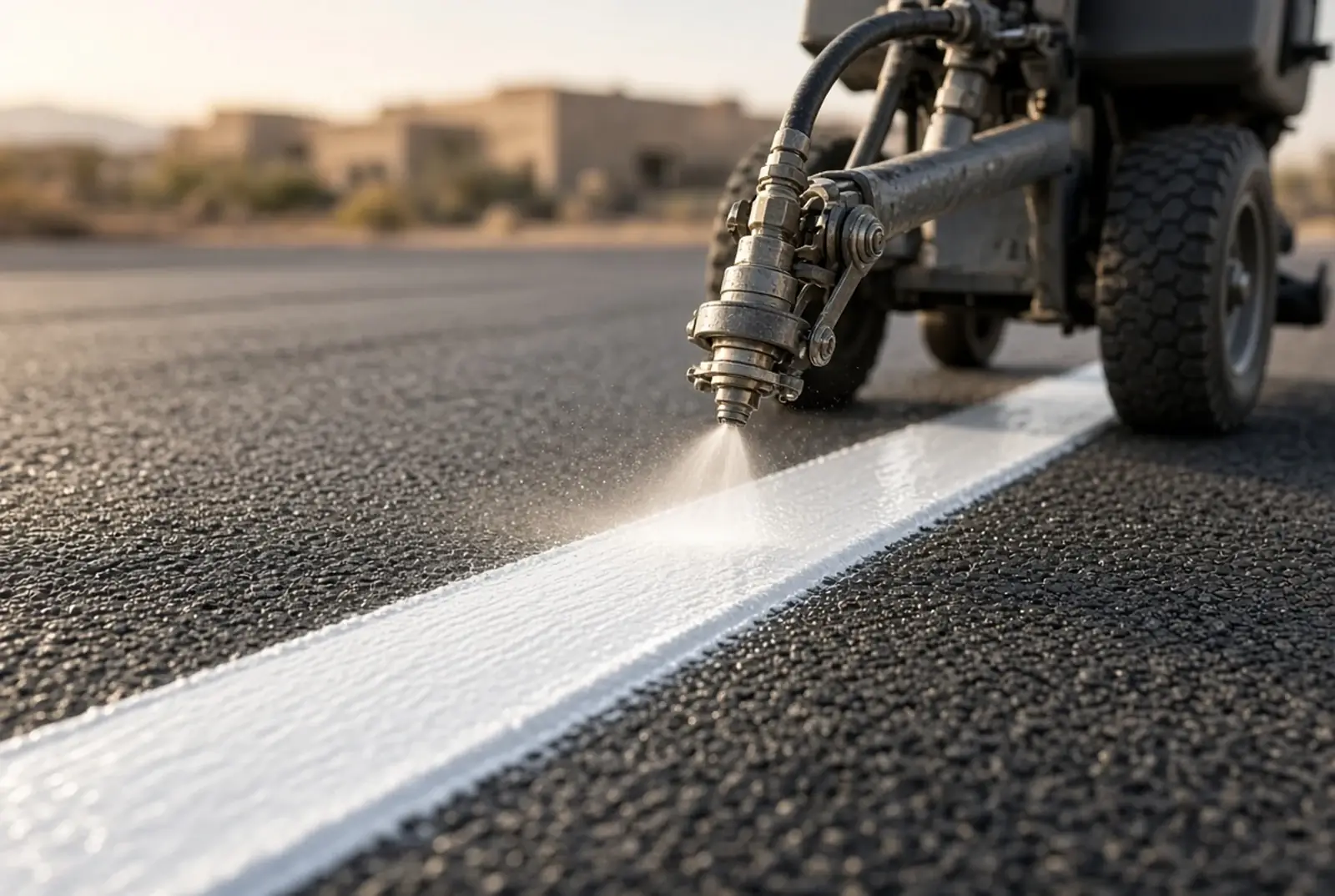 Line striping machine laying a fresh white traffic paint line on commercial asphalt